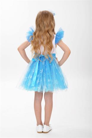 Karlar Kraliçesi Kar Taneli Taçlı Kız Çocuk Parti Elbisesi