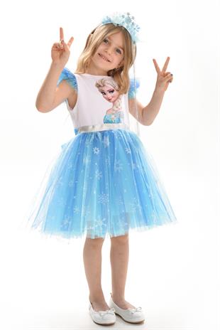 Karlar Kraliçesi Kar Taneli Taçlı Kız Çocuk Parti Elbisesi