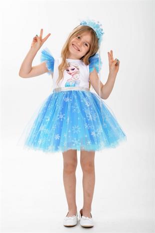 Karlar Kraliçesi Kar Taneli Taçlı Kız Çocuk Parti Elbisesi