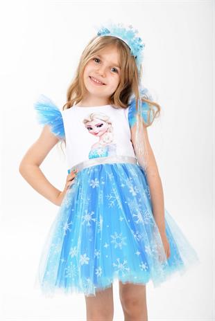 Karlar Kraliçesi Kar Taneli Taçlı Kız Çocuk Parti Elbisesi