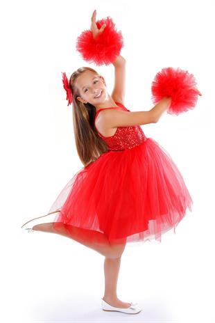 Kırmızı Ponpon Kollu Pullu Kız Çocuk Abiye 