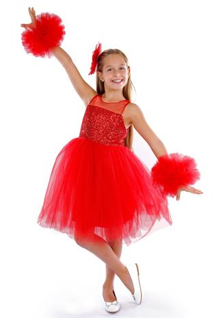 Kırmızı Ponpon Kollu Pullu Kız Çocuk Abiye 