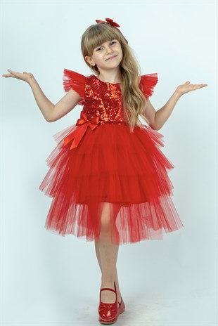 Kırmızı Pullu Kız Çocuk Parti Elbisesi