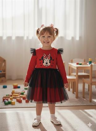 Kırmızı Tüllü Uzun Kollu Penye  Kız Çocuk Elbisesi