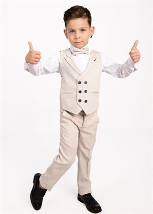 Krem Makas Broş Detaylı Erkek Çocuk Yelekli Smokin Takım