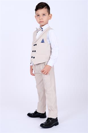 Krem Mendil Detaylı Erkek Çocuk Smokin Takım