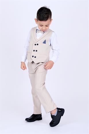 Krem Mendil Detaylı Erkek Çocuk Smokin Takım