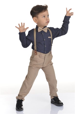 Krem Papyonlu Pantolon Askılı Erkek Çocuk Takımı