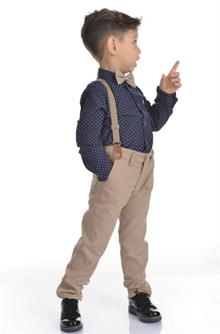 Krem Papyonlu Pantolon Askılı Erkek Çocuk Takımı