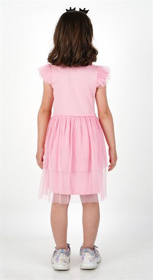 Kuromi Pembe Tül Detaylı Kısa Kollu Kız Çocuk Elbisesi