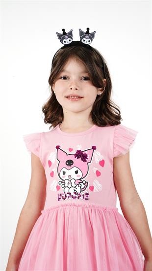 Kuromi Pembe Tül Detaylı Kısa Kollu Kız Çocuk Elbisesi