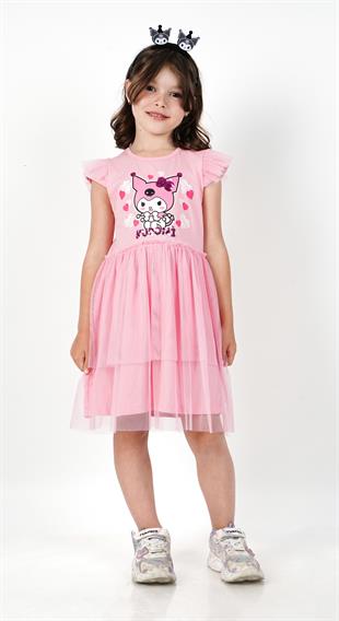 Kuromi Pembe Tül Detaylı Kısa Kollu Kız Çocuk Elbisesi