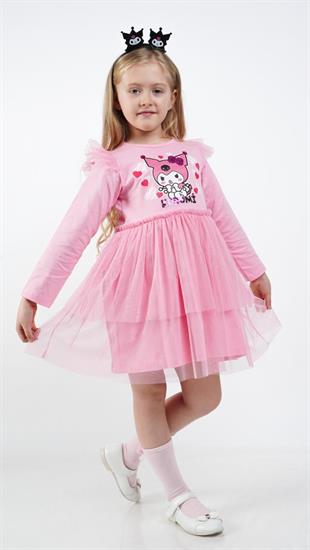 Kuromi Pembe Tül Detaylı Kız Çocuk Elbisesi