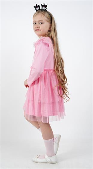 Kuromi Pembe Tül Detaylı Kız Çocuk Elbisesi