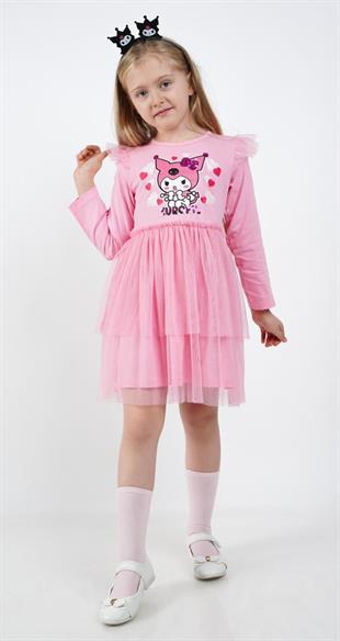 Kuromi Pembe Tül Detaylı Kız Çocuk Elbisesi
