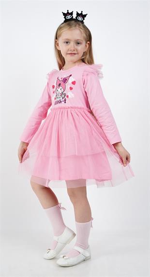 Kuromi Pembe Tül Detaylı Kız Çocuk Elbisesi