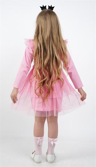 Kuromi Pembe Tül Detaylı Kız Çocuk Elbisesi