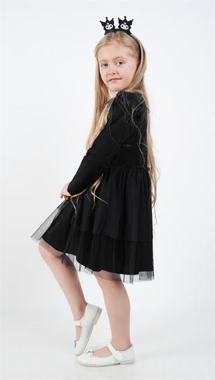 Kuromi Siyah Tül Detaylı Kız Çocuk Elbisesi