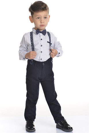 Lacivert Desenli Papyonlu Pantolon Askılı Erkek Çocuk Takımı