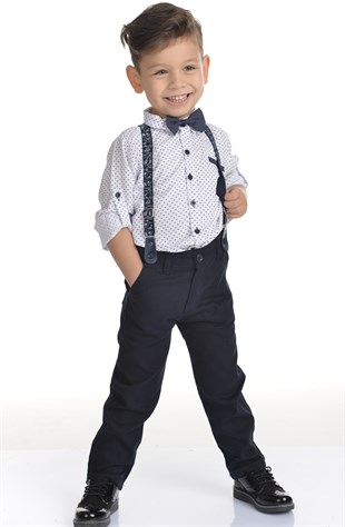 Lacivert Desenli Papyonlu Pantolon Askılı Erkek Çocuk Takımı