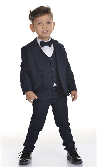 Lacivert Yelekli Papyonlu Erkek Çocuk Takım Elbise