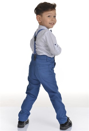 Mavi Desenli Papyonlu Pantolon Askılı Erkek Çocuk Takımı