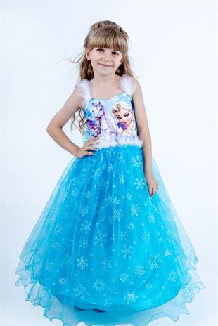 Mavi Uzun Kasnaklı Kız Çocuk Parti elbisesi