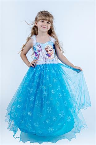 Mavi Uzun Kasnaklı Kız Çocuk Parti elbisesi