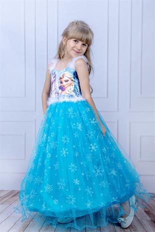 Mavi Uzun Kasnaklı Kız Çocuk Parti elbisesi