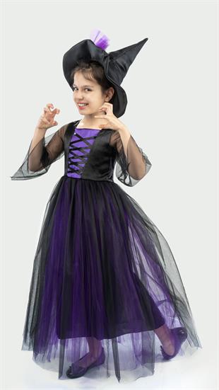 Mor Şapkalı Cadı Konsept Kız Çocuk Doğum Günü Parti Elbisesi