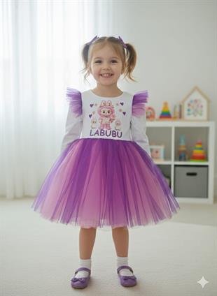 Mor Tüllü Uzun Kollu Labubu Kız Çocuk Doğum Günü Parti Elbisesi