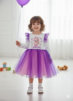 Mor Tüllü Uzun Kollu Labubu Kız Çocuk Doğum Günü Parti Elbisesi