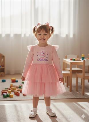 Pembe Labubu Tüllü Uzun Kollu Penye  Kız Çocuk Elbisesi