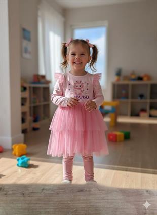 Pembe Labubu Tüllü Uzun Kollu Penye  Kız Çocuk Elbisesi