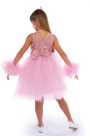 Pembe Ponpon Kollu Pullu Kız Çocuk Abiye 