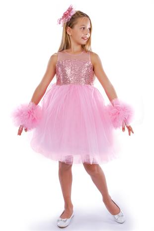 Pembe Ponpon Kollu Pullu Kız Çocuk Abiye 