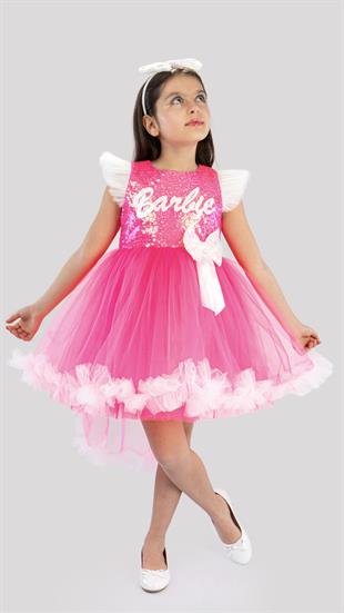 Pembe Pul Detaylı Kuyruk Etekli Kız Çocuk Doğum Günü Parti Elbisesi 2-9 Yaş