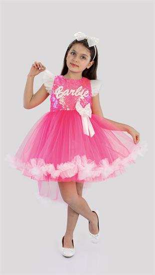 Pembe Pul Detaylı Kuyruk Etekli Kız Çocuk Doğum Günü Parti Elbisesi 2-9 Yaş