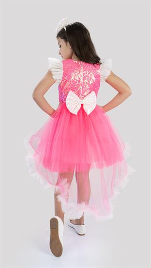 Pembe Pul Detaylı Kuyruk Etekli Kız Çocuk Doğum Günü Parti Elbisesi 2-9 Yaş