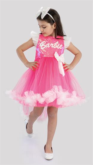 Pembe Pul Detaylı Kuyruk Etekli Kız Çocuk Doğum Günü Parti Elbisesi 2-9 Yaş