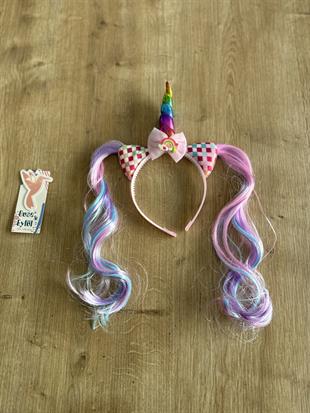 Pembe Unicorn Saçlı Kız Çocuk Tacı
