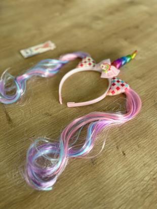 Pembe Unicorn Saçlı Kız Çocuk Tacı