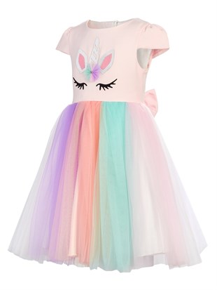 Pembe Unicorn Taçlı Kız Çocuk Parti Elbisesi