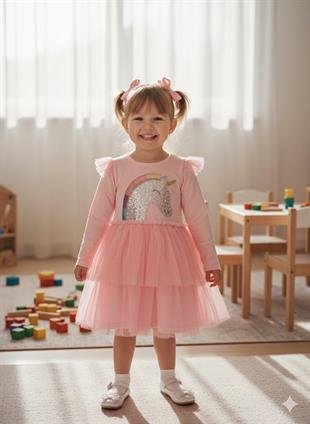 Pembe Unicorn Tüllü Uzun Kollu Penye  Kız Çocuk Elbisesi