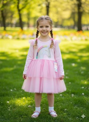 Pembe Unicorn Tüllü Uzun Kollu Penye  Kız Çocuk Elbisesi