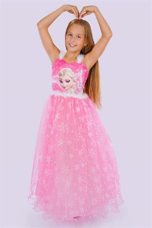Pembe Uzun Kasnaklı Kız Çocuk Parti elbisesi