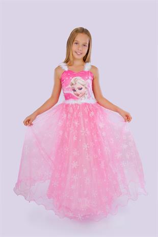 Pembe Uzun Kasnaklı Kız Çocuk Parti elbisesi