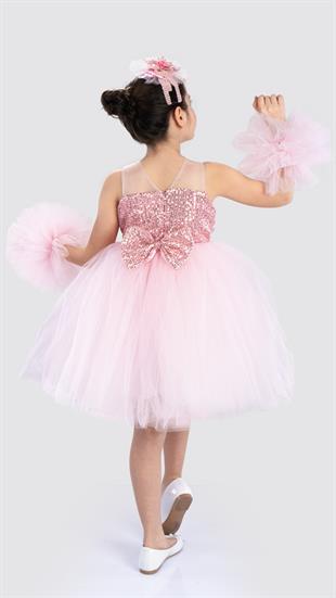 Pemde Renkli Ponpon Kollu Kız Çocuk Doğum Günü Parti Elbisesi