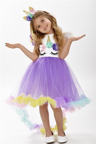 Unicorn Leylak Kuyruk Detaylı Gökkuşağı Taçlı Kız Çocuk Parti Elbisesi