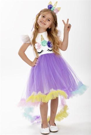 Unicorn Leylak Kuyruk Detaylı Gökkuşağı Taçlı Kız Çocuk Parti Elbisesi